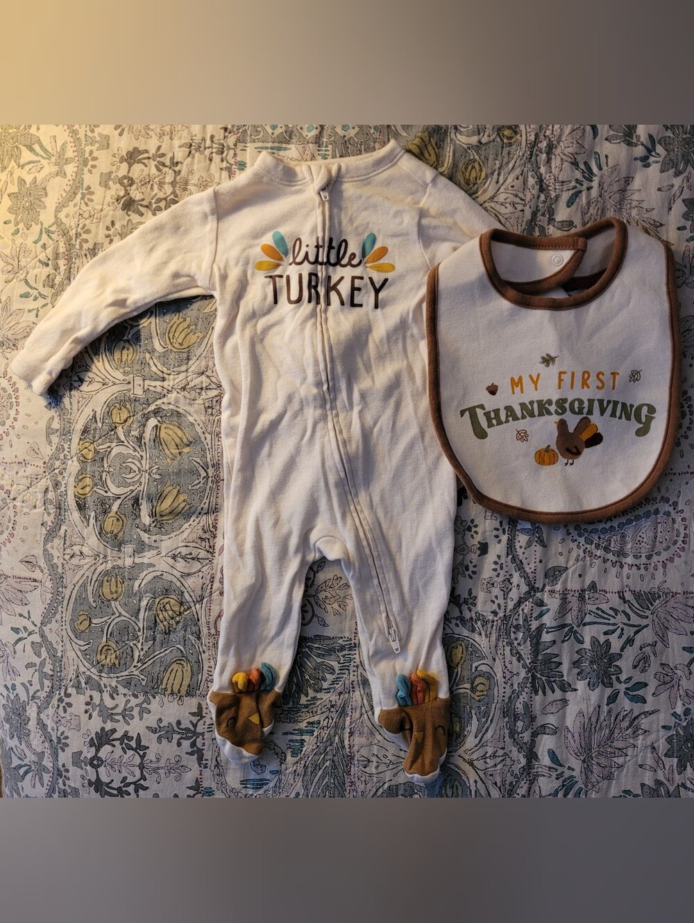 Old Navy Cream "Little Turkey" Footies & 1st Thanksgiving Bib